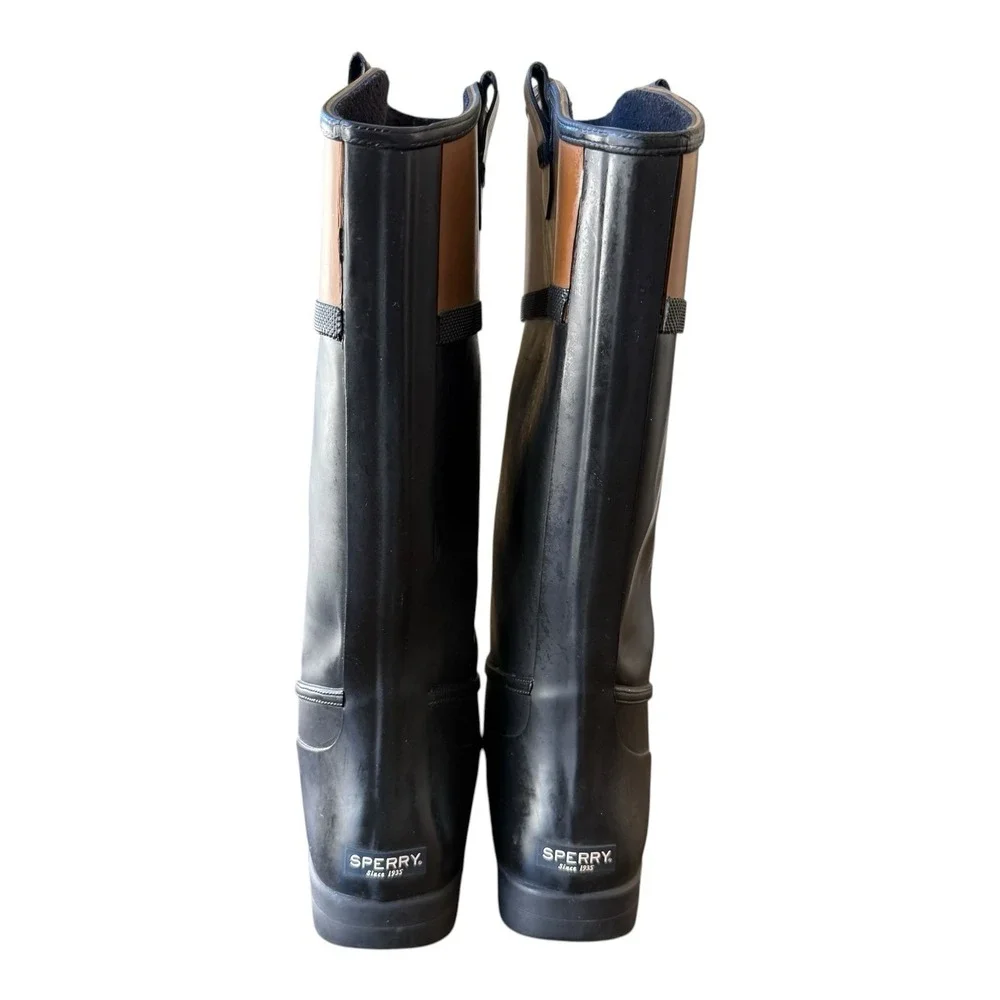 Sperry Women's Waterproof Rubber Rain Boots Black Brown Pull On Tall Size 7